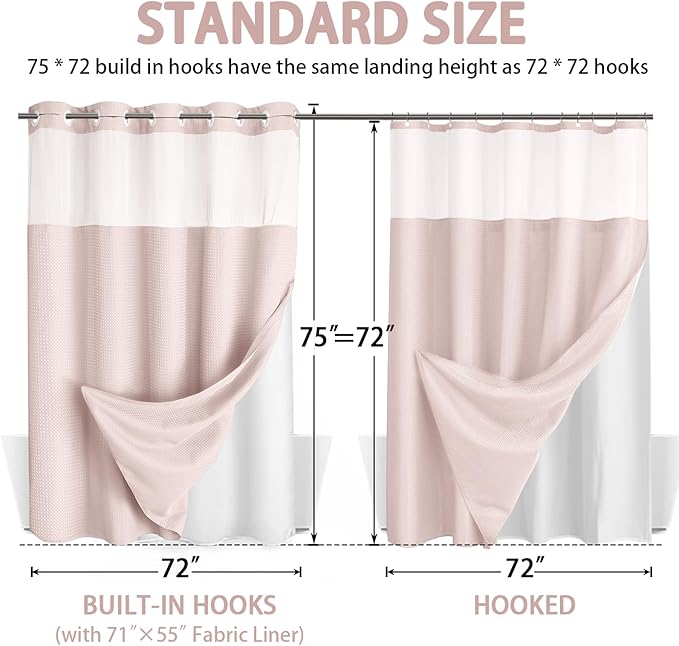 No Hook Shower Curtain and Liner Set,Blush Pink Hotel Waffle Shower Curtain with Liner 75" L x 72" W - Image 6