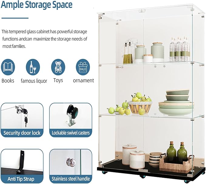 Yoluckea 3 Tiers Glass Display Cabinet with Bluetooth LED Light Strip, 2 Doors Floor Standing Curio Cabinet with Universal Wheel for Home, Black Glass Bookshelf for Collections, Clear Top - Image 4