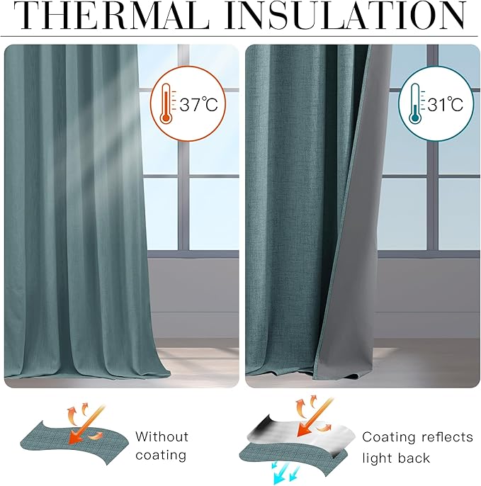 RYB HOME 100% Blackout Linen Textured Curtains 90 inches Long, Thermal Insulating Privacy Energy Saving for Bedroom Living Room Window Office Theater Baby Nursery, W 52 x L 90 in, Misty Blue, 2 Pcs - Image 4