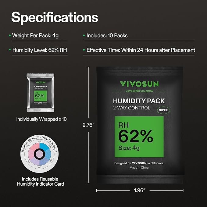 VIVOSUN 62% RH Two-Way Humidity Control Packs, Size 4 g, 10 Packs for Storing 1/2 oz, Moisture Balancer with RH Indicator Card for Food & Herb Storage - Image 8