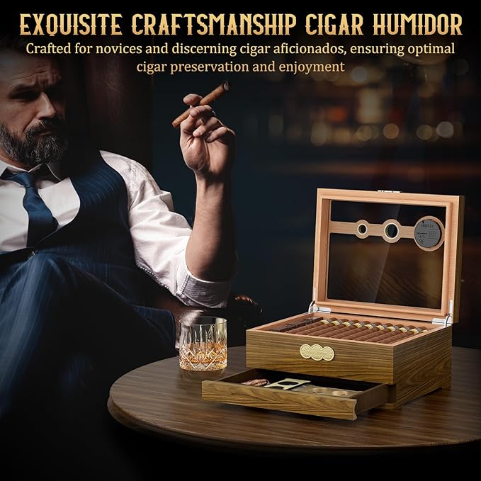 Cigar Humidor, Glass Top Desktop Cigars Case with Digital Hygrometer, Humidifier, Cigar Accessories Drawer and Measuring Scale, Cigars Humidors Box for Men Gift - Image 8