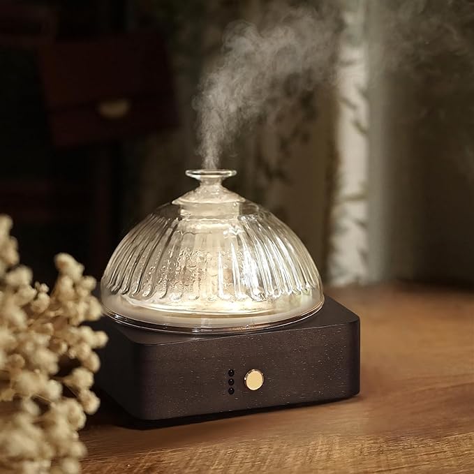 Glass Dome Essential Oil Diffuser with Glass Reservoir & Wood Base-Plastic Free, 200ml Ultrasonic Diffuser for Aromatherapy with Timer 7 Color Light Auto-Off for Home Office Yoga Dark Brown by Levoair