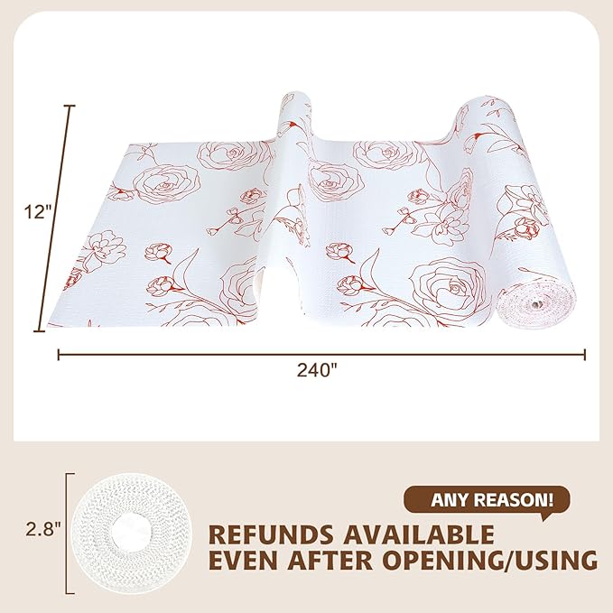 Shelf Liners for Kitchen Cabinets 17in x 20FT Non Adhesive Drawer Liner Red and White Floral Thickened Shelf Liner Paper Strong Non-Slip Easy to Clean for Tool Box with Knife and Tape Measure - Image 3