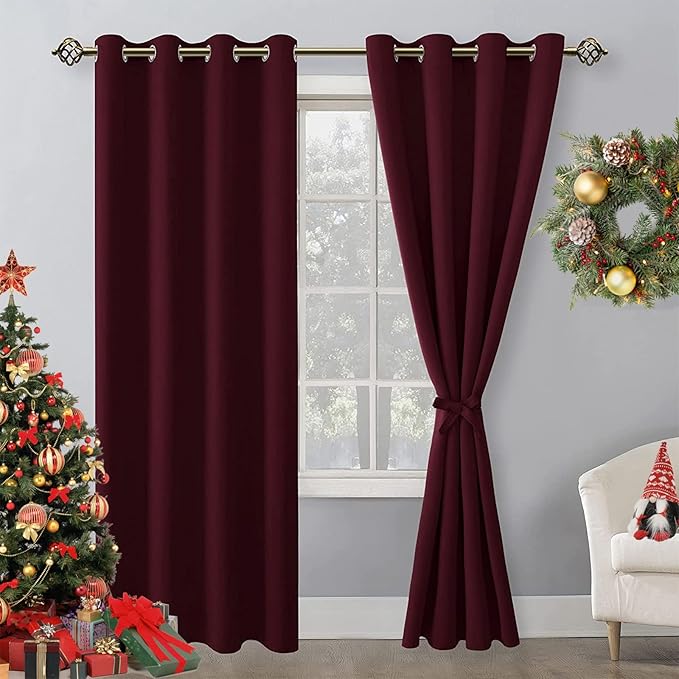 Hiasan Blackout Curtains for Bedroom, 52 x 96 Inches Long - Thermal Insulated & Light Blocking Window Curtains for Living Room Christmas Decor, 2 Drape Panels Sewn with Tiebacks, Burgundy by Hiasan