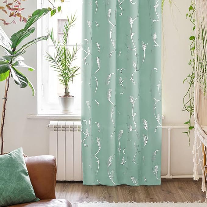 BUHUA Blackout Curtains 96 Inches Long, Vine Foil Print Pattern Room Darkening Curtain, Living Room Curtains & Drapes, Thermal Insulated Window Panel Set, 52 x 96 Inch, Aqua - Image 7