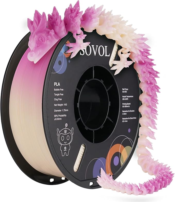 Sovol 3D Printer Photosensitive Filament Single Color Light Change PLA 1kg (2.2 lbs) Spool 3D Printing Materials, Dimensional Accuracy +/- 0.03 mm, 1.75 mm, Light Change Purple by Sovol