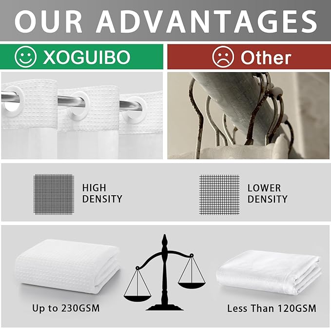 White Shower Curtain and Liner Set,230GSM Waffle Weave Textured Heavy Duty Hotel No Hook Shower Curtain 75" L x 72" W - Image 2