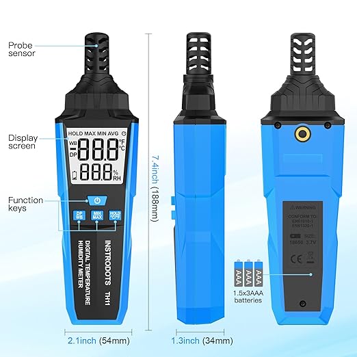 Temperature Humidity Meter, High Precision Digital Hygrometer with Ambient, Dew Point, Wet Bulb Temperature for Indoor Outdoor, Thermometer with Min/Max, Data Hold, LCD Backlight, TH11 - Image 7