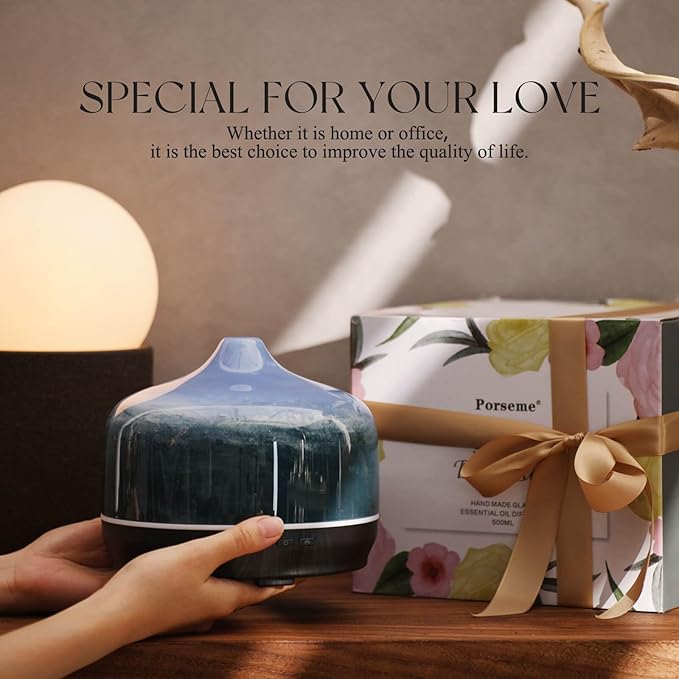 Porseme 500ml Glass Essential Oil Diffuser Aromatherapy Ultrasonic Cool Mist Humidifier 15-21 Running Hours Waterless Auto-Off Air Diffusers for Sleeping Yoga Office Working Spa and Rest (Dreamy Blue) - Image 6