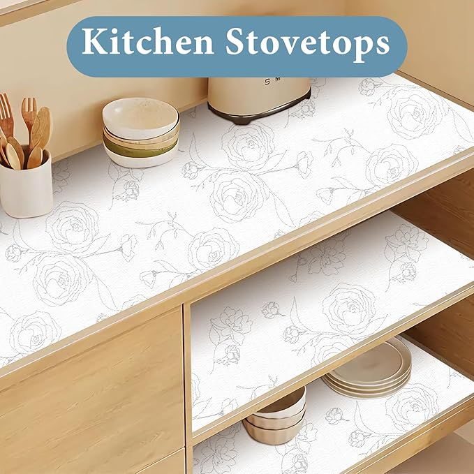 Shelf Liners for Kitchen Cabinets 12in x 10FT Non Adhesive Drawer Liner Sliver Floral Thickened Shelf Liner Paper Strong Non-Slip Easy to Clean for Tool Box Refrigerator with Knife and Tape Measure - Image 3