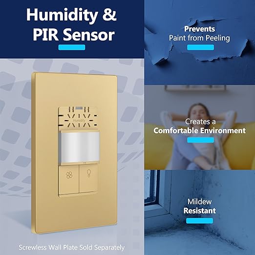 LIDER Humidity Sensor Switch and Motion Sensor Light Switch, PIR Sensor, Humidity Detection, Occupancy/Vacancy, No Neutral Required, ¼ HP, 1-Pole, Gold, Screwless Wall Plate Included - Image 7