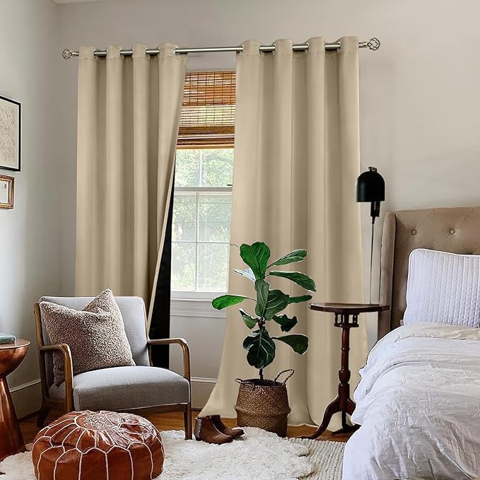 BGment Thermal Insulated 100% Blackout Curtains for Bedroom with Black Liner, Double Layer Full Room Darkening Noise Reducing Grommet Curtain (52 x 108 Inch, Sand, 2 Panels) - Image 2