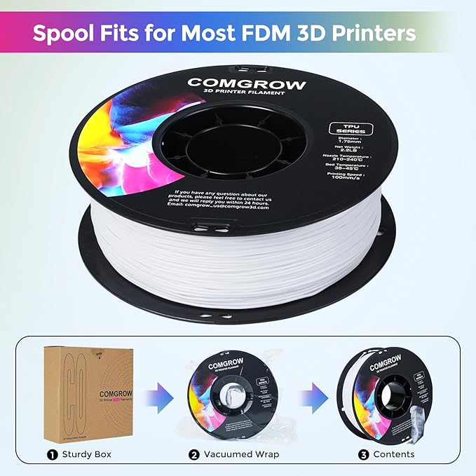 Comgrow TPU Filament 1.75, 3D Printing Filament, Flexible, 95A Soft, 1kg (2.2lbs), White, +/- 0.02mm Accuracy, 1.75mm Diameter, 2.2lbs Display Weight - Image 5