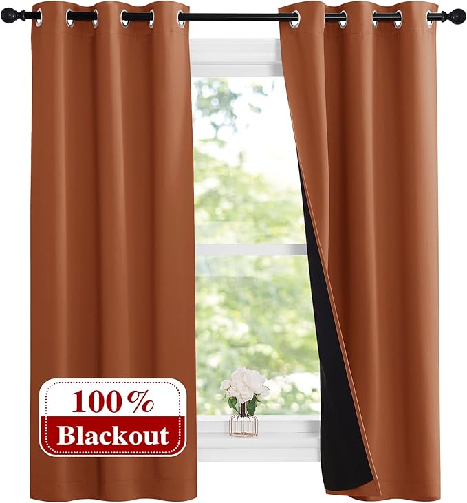 NICETOWN Burnt Orange 100% Blackout Lined Curtains, 2 Thick Layers Narrow Wide Window Treatment Panels Thermal Insulated Drapes for Kitchen Small Window (1 Pair, 37" Width x 63" Length Each Panel) by NICETOWN
