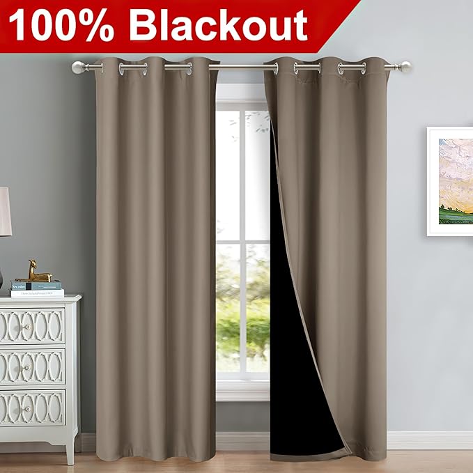 NICETOWN Blackout Curtains 80 inches Long, Full Light Blocking Drapes with Black Liner for Nursery, Thermal Insulated Draperies for Hall, Villa (Taupe, 2 Pieces, 42" Wide Each Panel) - Image 2