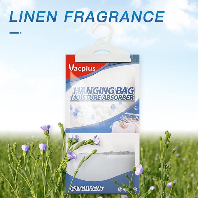 Vacplus Moisture Absorbers, Hanging Closet Dehumidifier Bags, Humidity Packs, Desiccant, Closet Dehumidifiers with Linen Fragrance, 10 Pack, 9.8 OZ - Image 2