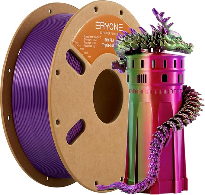 ERYONE Silk Tri Color PLA Filament 3D Printer 1.75mm +/- 0.03mm, Multicolor Filament Tricolor PLA 1KG(2.2lbs) Cardboard Spool, Red Purple Green by ERYONE