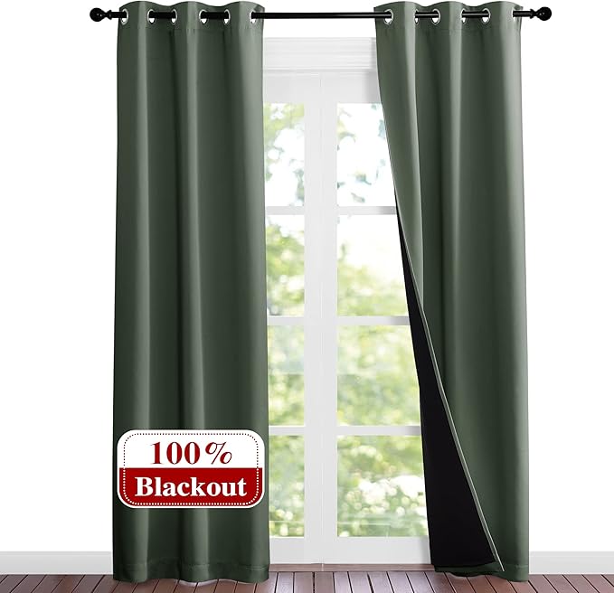 NICETOWN Dark Mallard Blackout Curtains 84 inches Long, Full Light Blocking Drapes with Black Liner for Nursery, Noise Reducing Thermal Insulated Draperies for Doorway (2 Pieces, 37" Wide Each Panel) by NICETOWN