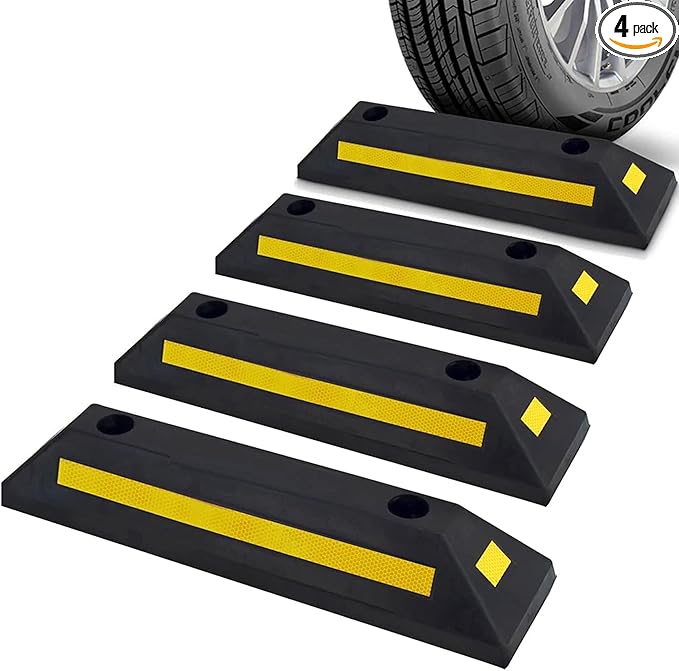 Pyle Curb Garage Vehicle Floor Safety Heavy Duty Rubber Parking Lot Driveway Stopper, for Car Vans Trucks Tire Wheel Guide Block Protect Bumper, 4 Pack PCRSTP11X4, Multicolored by PyleUSA