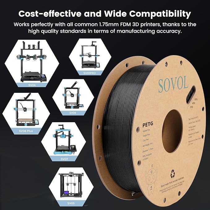 Sovol 3D Printer PETG Filament 2kg (4.4 lbs) Spool Printing Materials, Wiring Tightness, Dimensional Accuracy +/- 0.03 mm, 1.75 mm, Black + White - Image 8