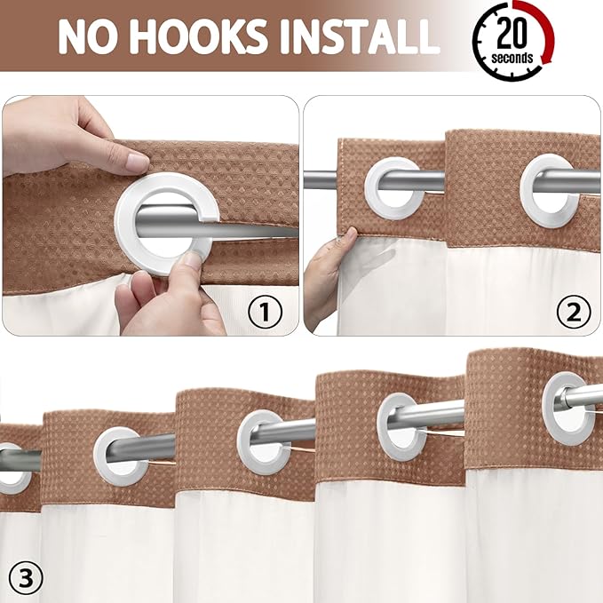 No Hook Shower Curtain and Liner Set,Mocha Brown Hotel Waffle Shower Curtain with Liner 75" L x 72" W - Image 2