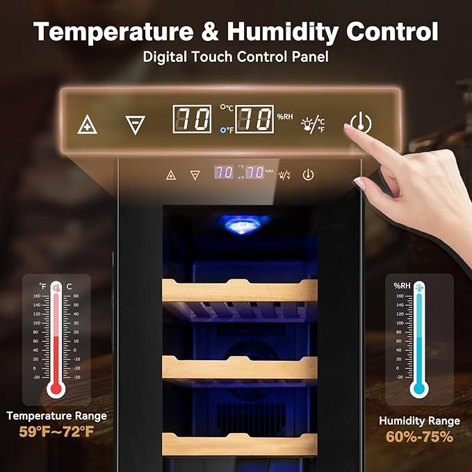 Electric Cooler Cabinet 35L with Temperature and Humidity Control, Spanish Cedar Wood Shelves and Safety Lock (300 Counts Capacity), Gift for Men - Image 3