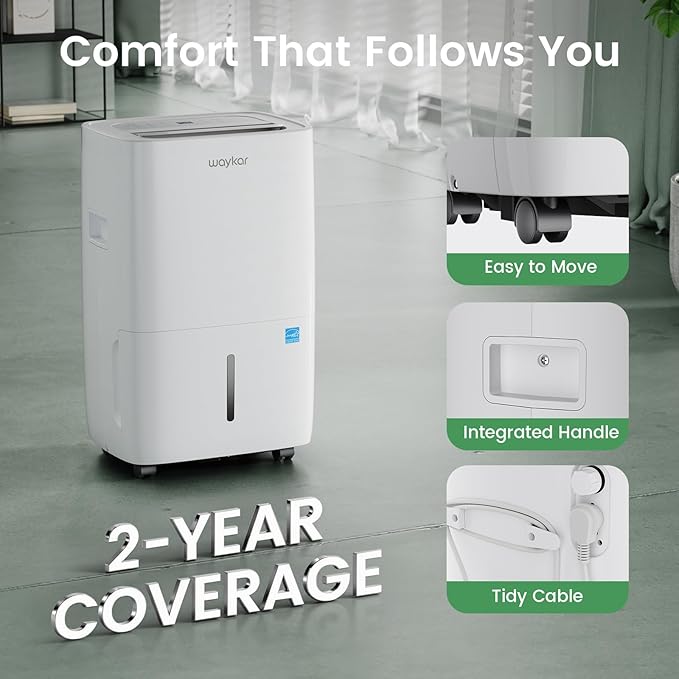 Waykar 80 Pints Energy Star Dehumidifier for Spaces up to 5,000 Sq. Ft at Home, in Basements and Large Rooms with Drain Hose and 1.14 Gallons Water Tank - Image 7