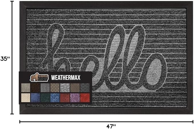 GORILLA GRIP 100% Waterproof All-Season WeatherMax Doormat, 47x35, US Designed Natural Rubber, Stain and Fade Resistant, Low Profile Indoor Outdoor Door Mats, Easy Clean Patio Mat, Charcoal Hello - Image 2