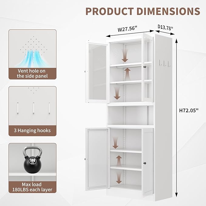 Kitchen Pantry Cabinet with Microwave Stand, 72" Tall Kitchen Hutch Storage Metal Pantry for Kitchen Dining Room Living Room Bathroom,Assembly Required (White) - Image 2