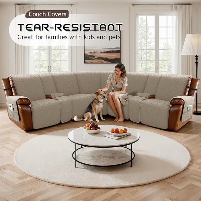 Arfntevss Waterproof Recliner Sectional Couch Covers for Reclining L Shape Sofa Cover Non Slip Washable L Shaped Slipcover Sets for Dog Furniture Protector (5 Seat with 2 Console Cover, Camel) - Image 7