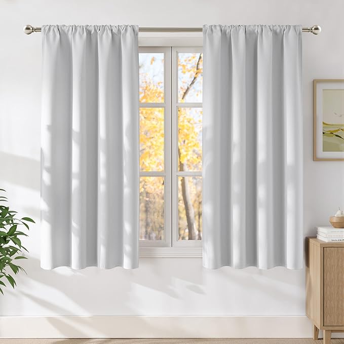 NICETOWN Greyish White Faux Linen Room Darkening Rod Pocket Curtains 63 inch Length, W42 x L63, Light Blocking Thermal Insulated Noise Reducing Drapes for Bedroom Living Room Farmhouse Decor, 2 Panels by NICETOWN