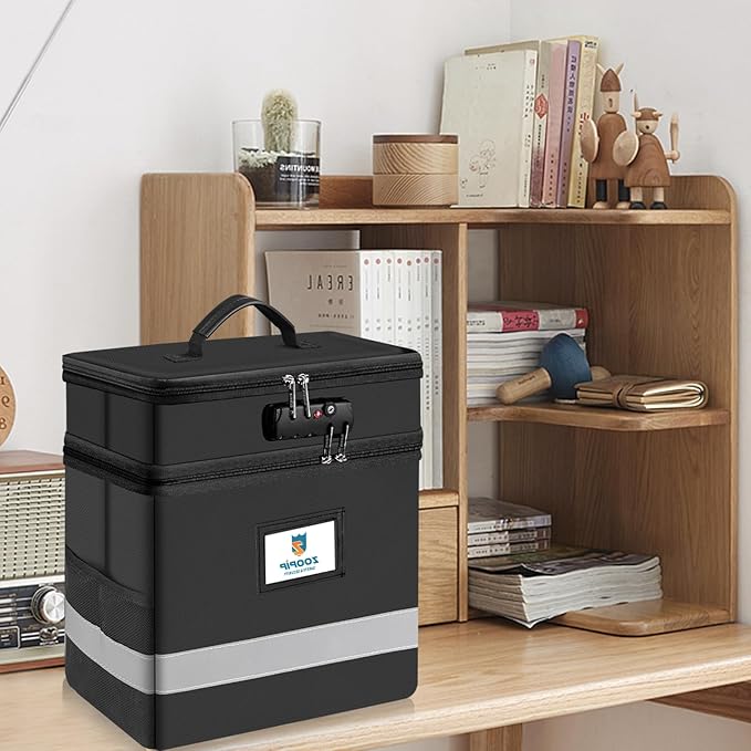 Fireproof File Box with Lock, 2 Layer Document Box Storage Organizer, Suitable for Hanging File Folders in Letter Size, Collapsible File Box, Reflective Strip for Fast Find (12.2*6*12.2, Black) - Image 5