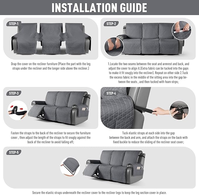 TAOCOCO 100% Waterproof Recliner Cover, Non-Slip Washable Reclining Couch Cover with Elastic Leg Straps, Furniture Protector for Dogs (Dark Gray, 3 Seater) - Image 7