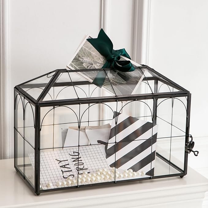 Wedding Card Box with Slot, 12.6'' Large Glass Card Boxes for Reception, Black Geometric Holder, Clear Decorative Storage Box with Lock for Baby Shower, Birthday Party, Christmas, Bridal Shower by Giadun