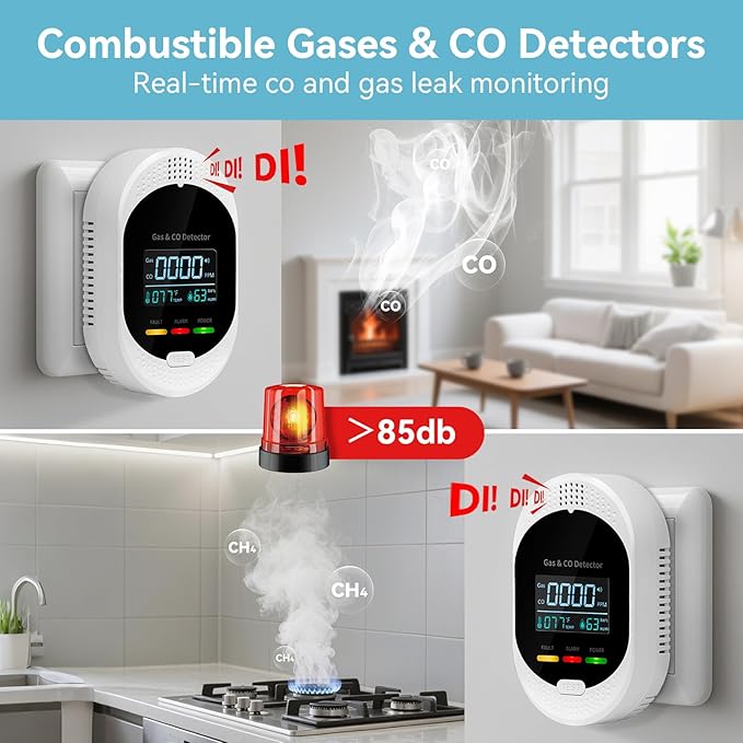 4-in-1 Carbon Monoxide Detectors,Plug in Combustible Gas Detector,Natural Gas & Co Gas Alarm Detectors with Temperature Humidity Display,Clear LCD Screen Sound Light Dual Alarm for Home RV Travel - Image 2