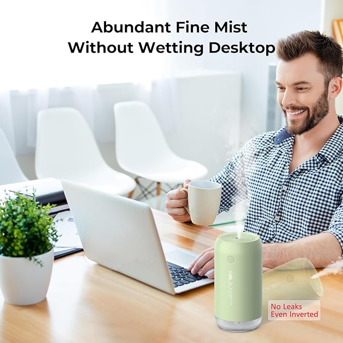 Portable Mini Humidifier, KQLKJ 350ml Small Cool Mist Humidifiers, USB Personal Desktop Humidifier for Bedroom Car Office Travel with Auto Shut-Off & 2 Mist Modes (Green) - Image 3