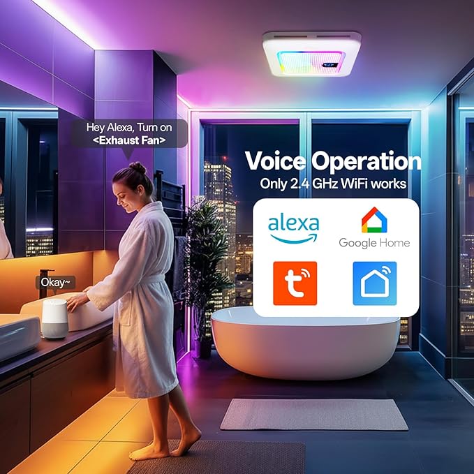 Smart Bathroom Exhaust Fan with Bluetooth Speaker, 230 CFM 1.0 Sone Exhaust Fan with Humidity & Odor Sensor, Remote/App/Voice Control, Adjustable LED Lighting & Dynamic RGB Mood Light (White) - Image 3