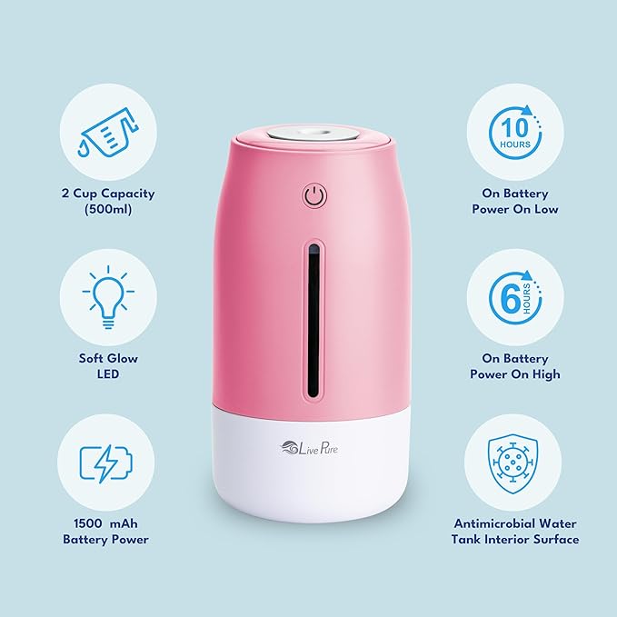 LivePure Cool Mist Humidifiers for Bedroom. Small Humidifier for Babies, Nursery, Plants, Office. Ultrasonic Cool Mist Humidifier w/Quiet Operation, USB-C Rechargeable. Rose Quartz - Image 2
