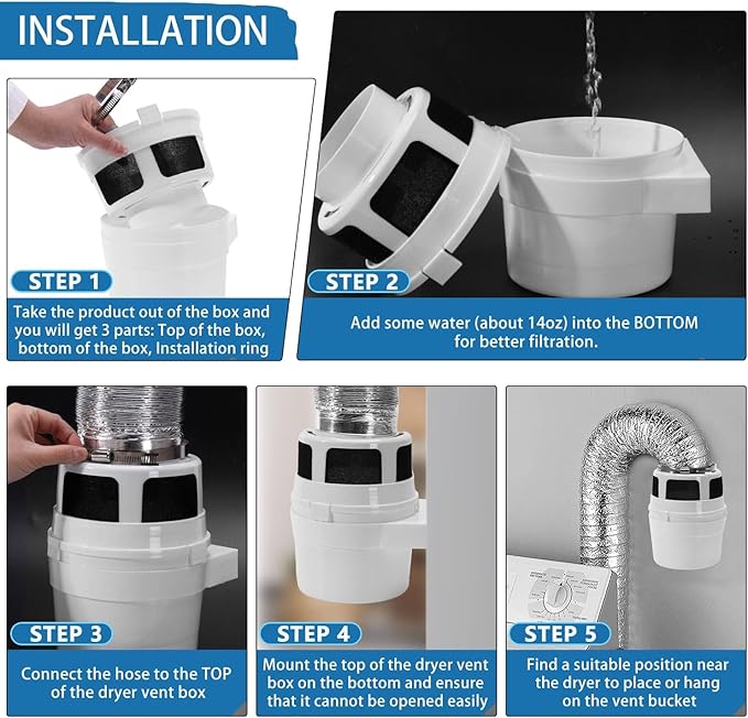 【UPGRADED】NOORNY 3 in1 Indoor Dryer Vent Kit Lint Catcher Bucket Box for Electric Clothes Dryer - No Hose Included - Image 6