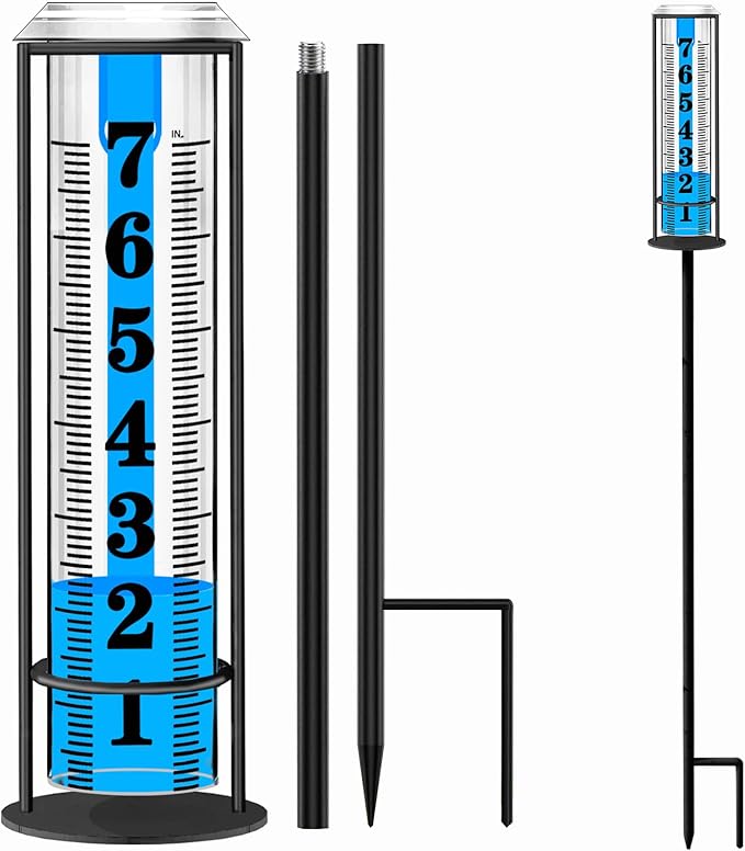 Rain Gauge Outdoor,Accurate Rain Gauges Outdoors Best Rated,Upgraded Freeze Proof Rain Measure Gauge for Yard Fence,Rain Meter with Stake,Large Font Water Gauge for Rain,Adjustable Height,Easy to Read by BIUWING