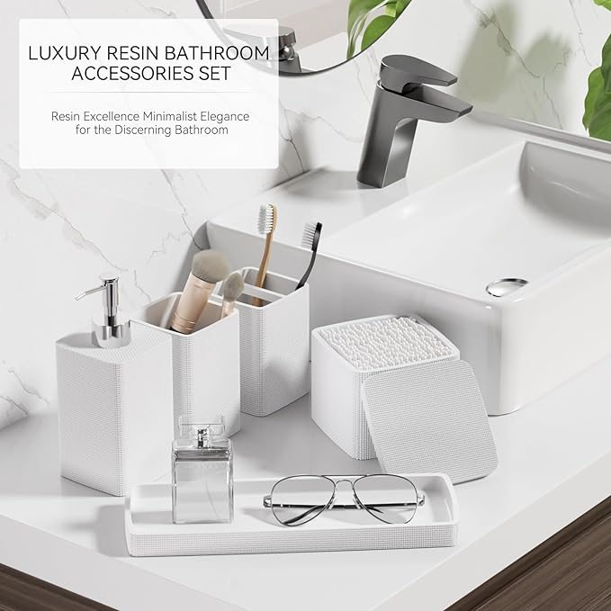 White Bathroom Accessories Set 5 Pieces, Resin Toothbrush Holders Set Complete with Soap Dispenser, Toothbrush Holder, Vanity Tray, Bathroom Tumbler and Qtip Holder for Small Spaces - Image 6