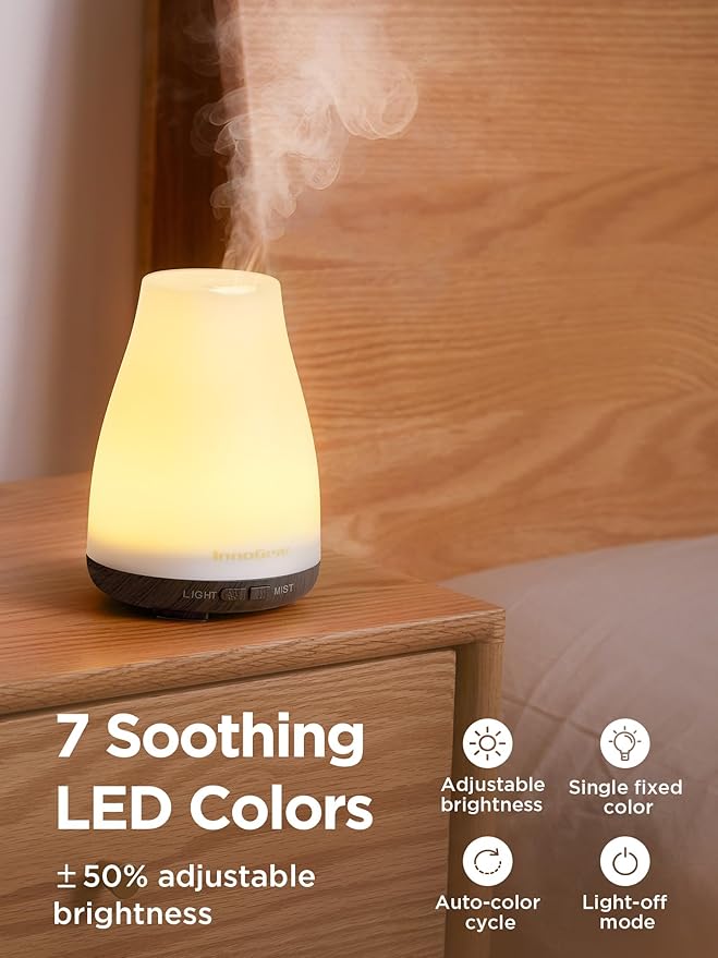 InnoGear Essential Oil Diffuser, Ultrasonic Diffusers for Home Aromatherapy Humidifier for Bedroom Room 7 Colors LED 2 Mist Mode Auto Off, Brown Base - Image 6