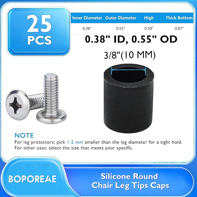 25 Pcs 3/8" (10 mm) Round Chair Leg Tips Caps, Silicone Rubber Furniture Leg Floor Protectors, Reduce Noise Folding Metal Chair Leg Cap Replacement for Bar Stool Leg Patio Indoor, Black - Image 9