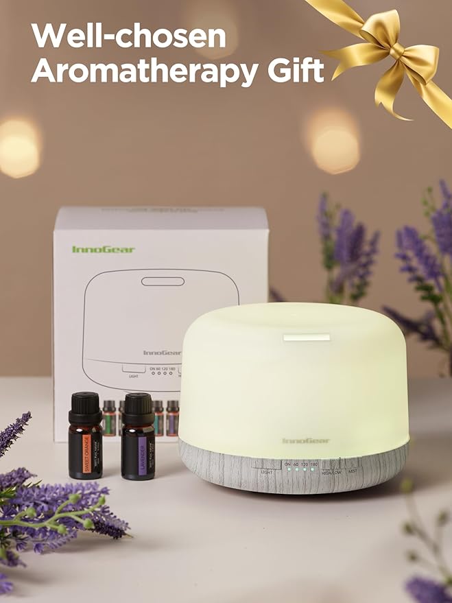 InnoGear Aromatherapy Diffuser & 10 Essential Oils Set, 500ml Essential Oil Diffuser with Remote Control Ultrasonic Cool Mist Scent Humidifier Vaporizer Auto-Off Timer for Valentine's Gift, White - Image 2