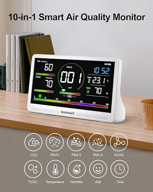 16 in 1 Indoor Air Quality Monitor, 7" LED Display 9 AQI+7 AQI Auto Alerts Air Quality Meter for CO2 Monitor/HCHO/TVOC/Temperature/Humidity, Battery Powered, Air Detector Air Quality Tester for Home - Image 2
