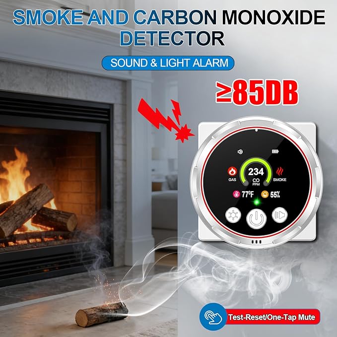 5 in 1 Smoke Detector Carbon Monoxide Detectors Plug in, Natural Gas Leak Detectors for Home, RV, Portable Smoke CO Detector Combo with Temp, Humidity, Battery Backup Smoke & Carbon Monoxide Alarm - Image 3