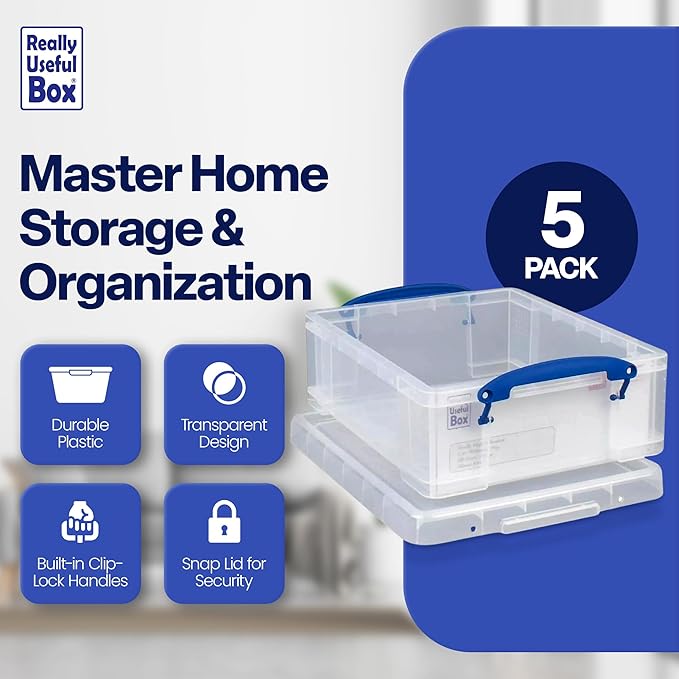Really Useful Box Stackable 8.1 Liter Plastic Storage Container Bin with Snap Lid & Built-In Clip Lock Handles for Home & Office Organization (5 Pack) - Image 3