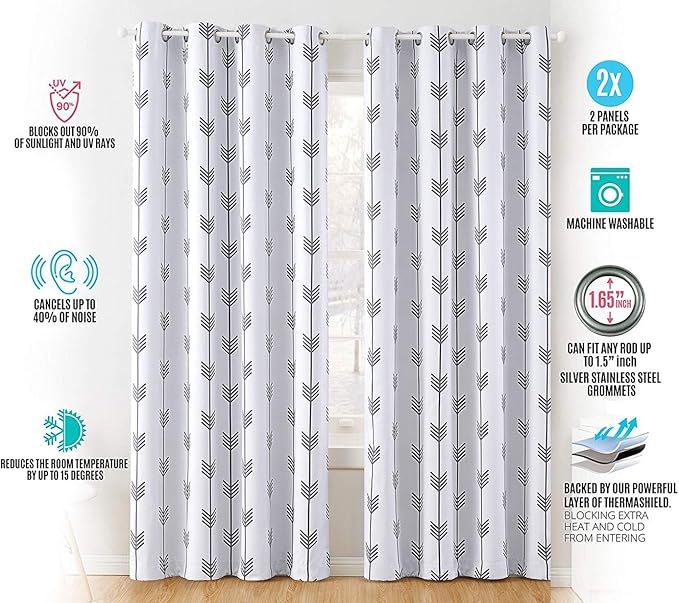 HLC.ME Arrow Printed Privacy Blackout Energy Efficient Room Darkening Thermal Grommet Window Curtain Drape Panels for Kids Bedroom - Set of 2 - Platinum White/Grey - 84" inch Long - Image 4