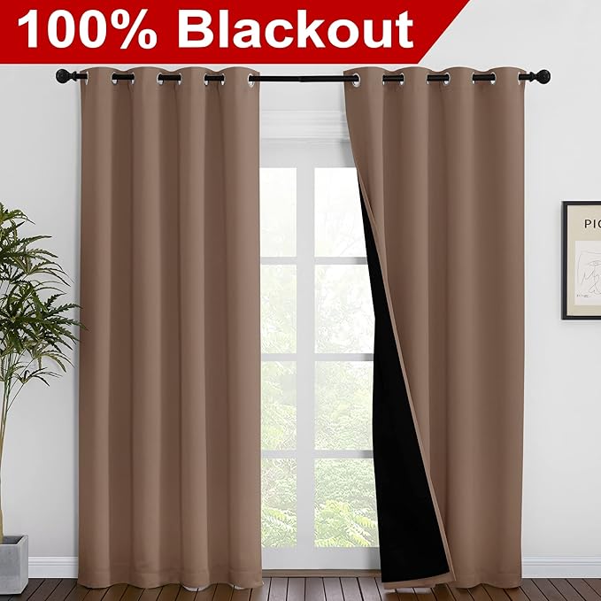 NICETOWN Warm Curtains for Winter, 100% Blackout Curtains Thermal, Noise Reduction and Privacy Curtains for Patio Door, Black Lined Blackout Drapes with Grommet Top, Cappuccino, 1 Pair, W55 x L86 - Image 2