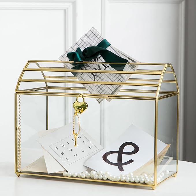 Wedding Card Box with Slot, 12.2'' Large Glass Card Boxes for Reception, Gold Cards Holder, Clear Decorative Storage Box with Lock for Baby Shower, Birthday Party, Christmas, Bridal Shower - Image 4
